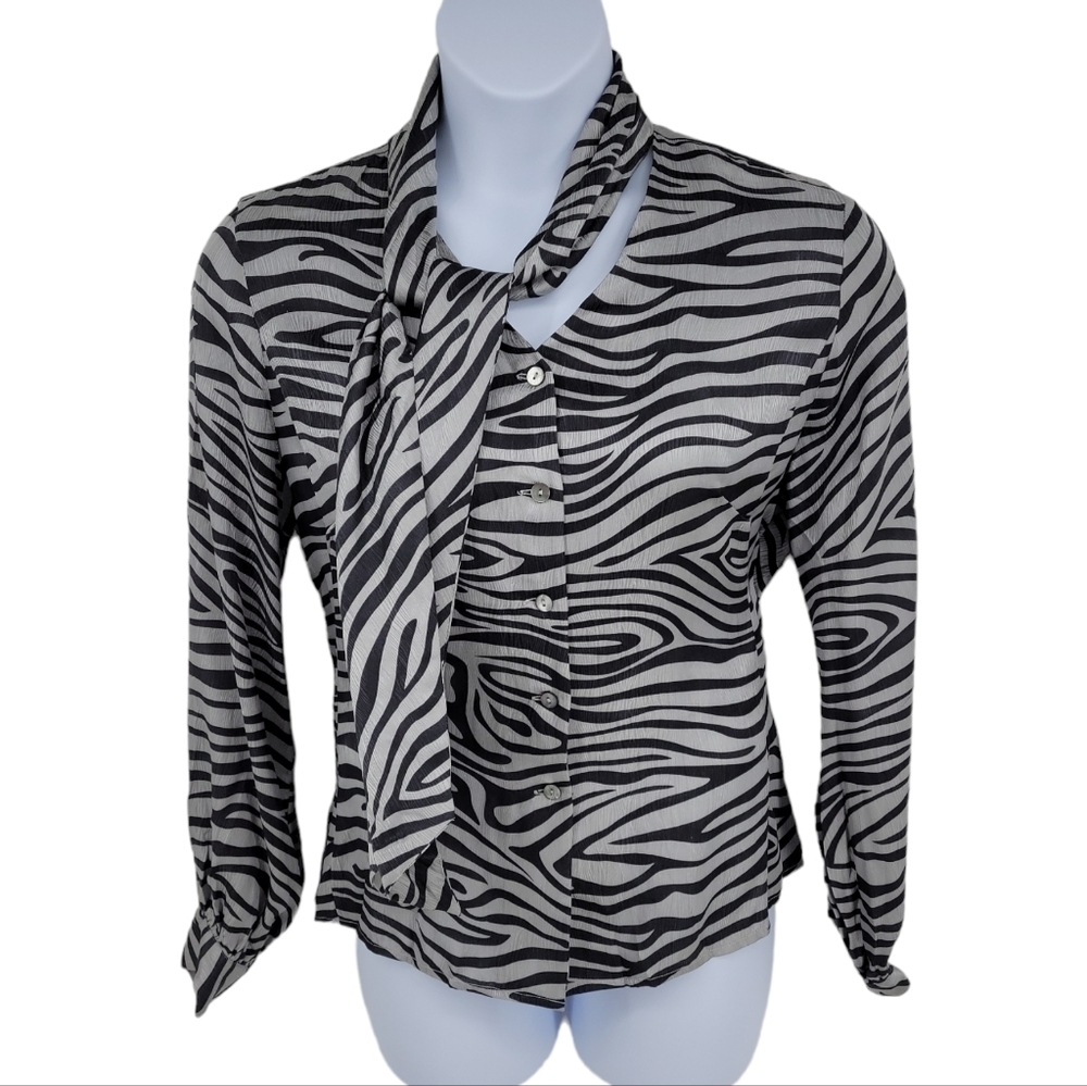 Austin Reed 100% Silk Zebra Print Silver&Black Blouse With Neck Tie size 12